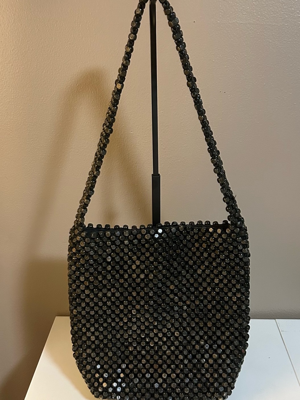 The SAK VTG Wooden Boho Chic Beaded Handbag Shoulder Bag Purse Black 90’s Y2K